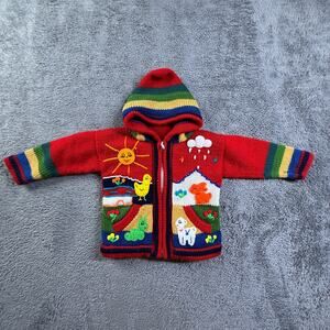 Handmade Peruvian Knit Sweater Kids 2T Red Embroidered Sun Animals Hooded Zip Up
